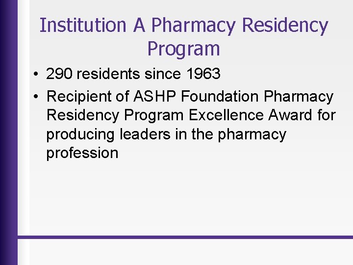 Institution A Pharmacy Residency Program • 290 residents since 1963 • Recipient of ASHP