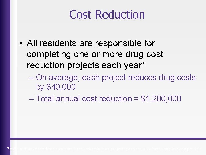 Cost Reduction • All residents are responsible for completing one or more drug cost