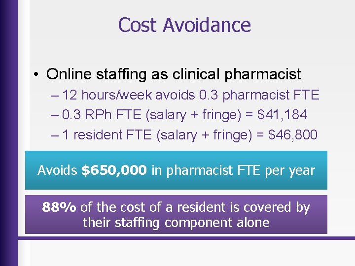 Cost Avoidance • Online staffing as clinical pharmacist – 12 hours/week avoids 0. 3