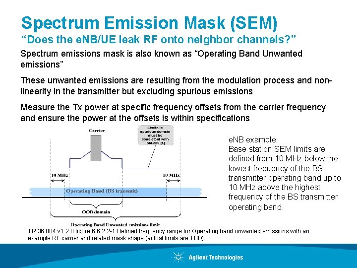 Spectrum Emission Mask (SEM) “Does the e. NB/UE leak RF onto neighbor channels? ”