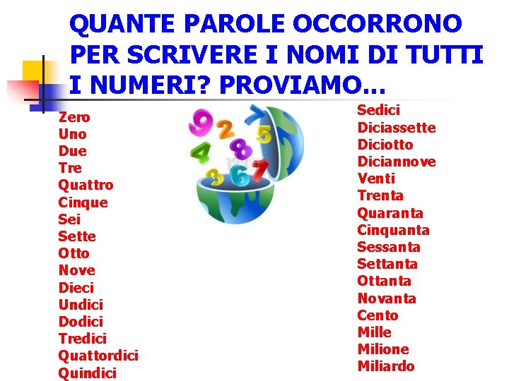 QUANTE PAROLE OCCORRONO PER SCRIVERE I NOMI DI TUTTI I NUMERI? PROVIAMO. . .