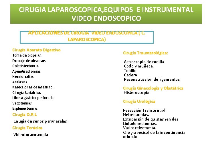 CIRUGIA LAPAROSCOPICA, EQUIPOS E INSTRUMENTAL VIDEO ENDOSCOPICO APLICACIONES DE CIRUGIA VIDEO ENDOSCOPICA ( C. CIRUGIA LAPAROSCOPICA, EQUIPOS E INSTRUMENTAL VIDEO ENDOSCOPICO APLICACIONES DE CIRUGIA VIDEO ENDOSCOPICA ( C.
