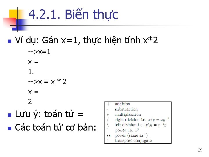4. 2. 1. Biến thực n Ví dụ: Gán x=1, thực hiện tính x*2