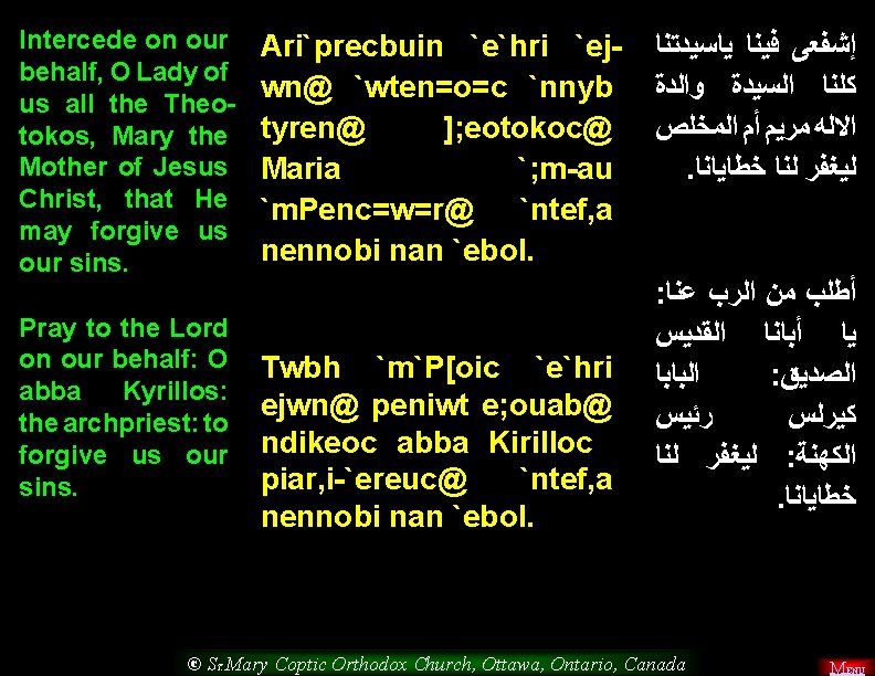 Intercede on our behalf, O Lady of us all the Theotokos, Mary the Mother