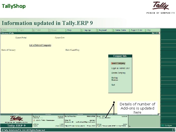 Tally. Shop Information updated in Tally. ERP 9 Details of number of Add-ons is