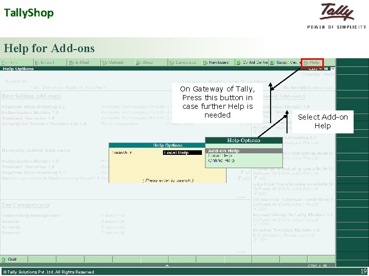 Tally. Shop Help for Add-ons On Gateway of Tally, Press this button in case