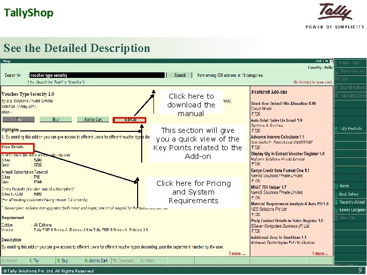 Tally. Shop See the Detailed Description Click here to download the manual This section