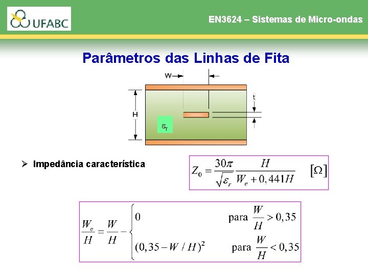 EN 3624 – Sistemas de Micro-ondas Parâmetros das Linhas de Fita r Ø Impedância EN 3624 – Sistemas de Micro-ondas Parâmetros das Linhas de Fita r Ø Impedância