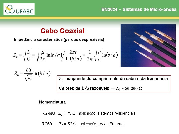EN 3624 – Sistemas de Micro-ondas Cabo Coaxial Impedância característica (perdas desprezíveis) Z 0 EN 3624 – Sistemas de Micro-ondas Cabo Coaxial Impedância característica (perdas desprezíveis) Z 0