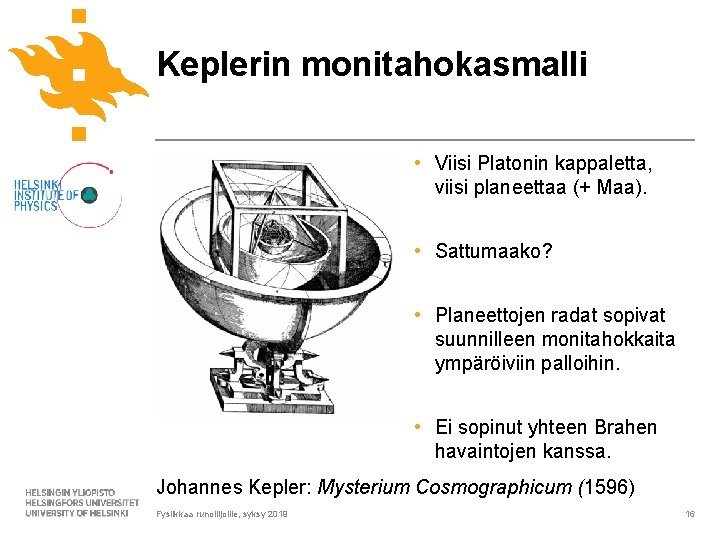 Keplerin monitahokasmalli • Viisi Platonin kappaletta, viisi planeettaa (+ Maa). • Sattumaako? • Planeettojen