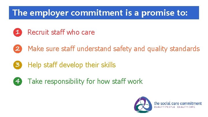 The employer commitment is a promise to: Recruit staff who care Make sure staff