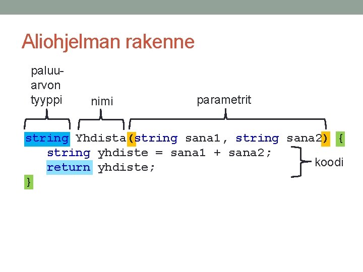 Aliohjelman rakenne paluuarvon tyyppi nimi parametrit string Yhdista(string sana 1, string sana 2) {