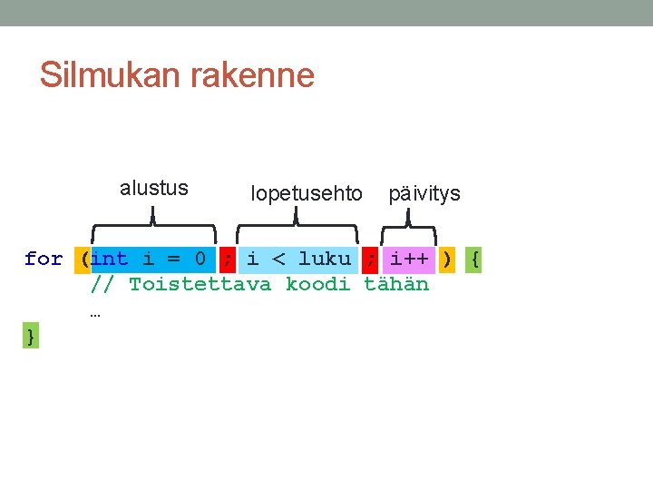 Silmukan rakenne alustus lopetusehto päivitys for (int i = 0 ; i < luku