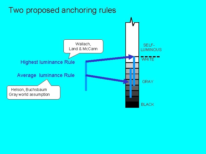Two proposed anchoring rules Wallach, Land & Mc. Cann Highest luminance Rule SELFLUMINOUS WHITE Two proposed anchoring rules Wallach, Land & Mc. Cann Highest luminance Rule SELFLUMINOUS WHITE