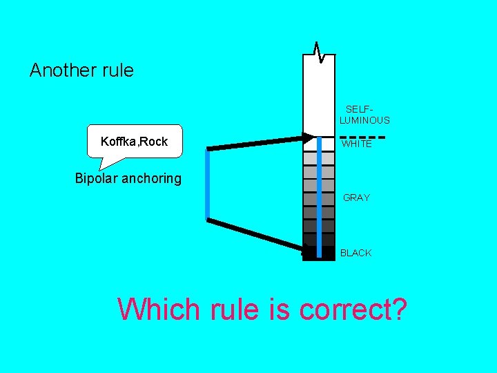 Another rule SELFLUMINOUS Koffka, Rock WHITE Bipolar anchoring GRAY BLACK Which rule is correct? Another rule SELFLUMINOUS Koffka, Rock WHITE Bipolar anchoring GRAY BLACK Which rule is correct?