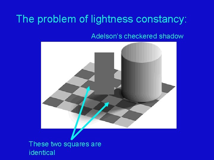 The problem of lightness constancy: Adelson’s checkered shadow These two squares are identical The problem of lightness constancy: Adelson’s checkered shadow These two squares are identical