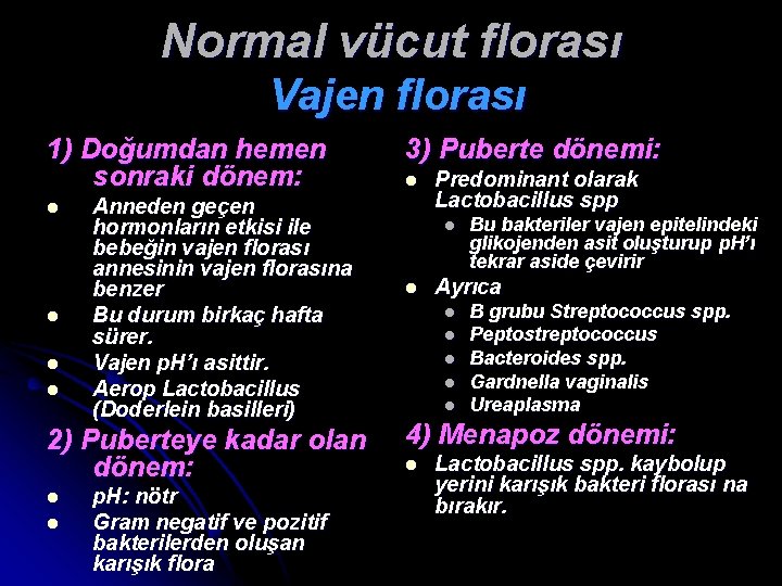 Normal vücut florası Vajen florası 1) Doğumdan hemen sonraki dönem: l l Anneden geçen