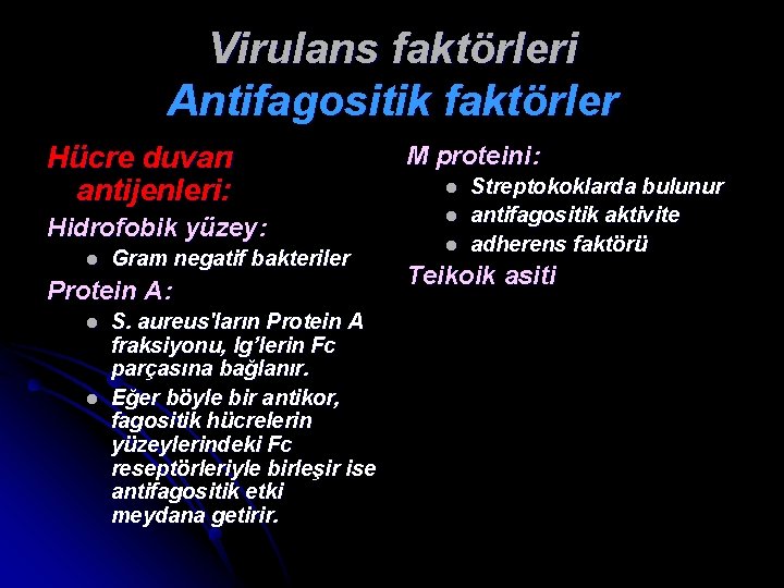 Virulans faktörleri Antifagositik faktörler Hücre duvarı antijenleri: Hidrofobik yüzey: l Gram negatif bakteriler Protein