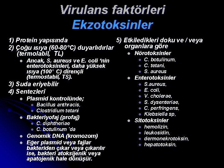 Virulans faktörleri Ekzotoksinler 1) Protein yapısında 5) Etkiledikleri doku ve / veya 2) Çoğu