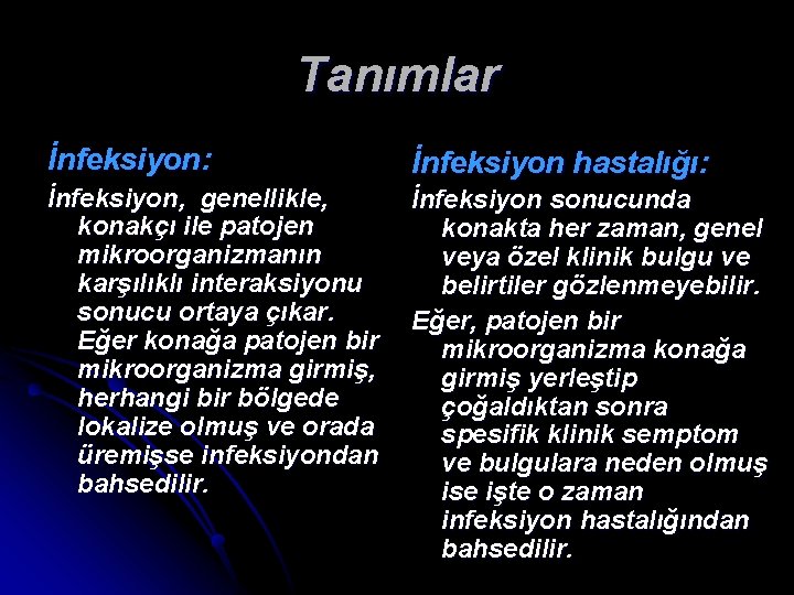 Tanımlar İnfeksiyon: İnfeksiyon hastalığı: İnfeksiyon, genellikle, İnfeksiyon sonucunda konakçı ile patojen konakta her zaman,