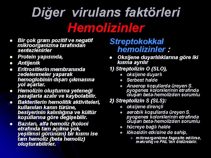 Diğer virulans faktörleri Hemolizinler l l l l Bir çok gram pozitif ve negatif