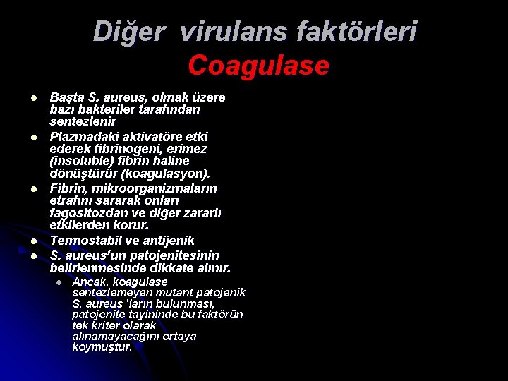 Diğer virulans faktörleri Coagulase l l l Başta S. aureus, olmak üzere bazı bakteriler