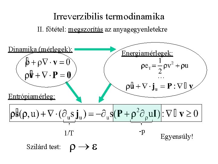 Irreverzibilis termodinamika II. főtétel: megszorítás az anyagegyenletekre Dinamika (mérlegek): Energiamérlegek: … Entrópiamérleg: 1/T Szilárd