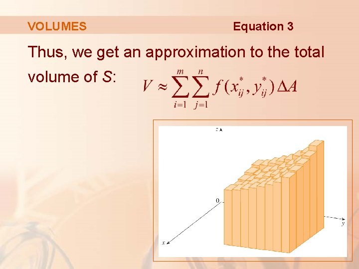 VOLUMES Equation 3 Thus, we get an approximation to the total volume of S: