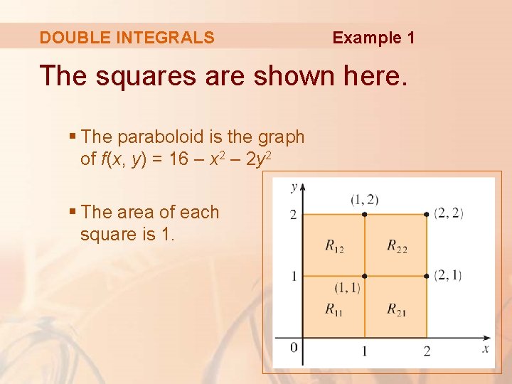 DOUBLE INTEGRALS Example 1 The squares are shown here. § The paraboloid is the