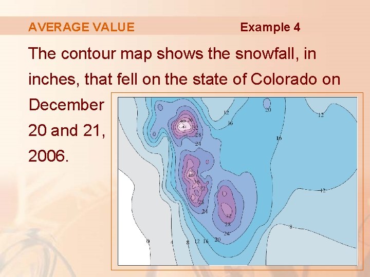 AVERAGE VALUE Example 4 The contour map shows the snowfall, in inches, that fell