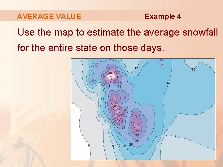 AVERAGE VALUE Example 4 Use the map to estimate the average snowfall for the