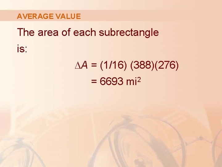 AVERAGE VALUE The area of each subrectangle is: ∆A = (1/16) (388)(276) = 6693