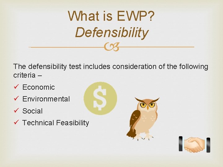 What is EWP? Defensibility The defensibility test includes consideration of the following criteria –