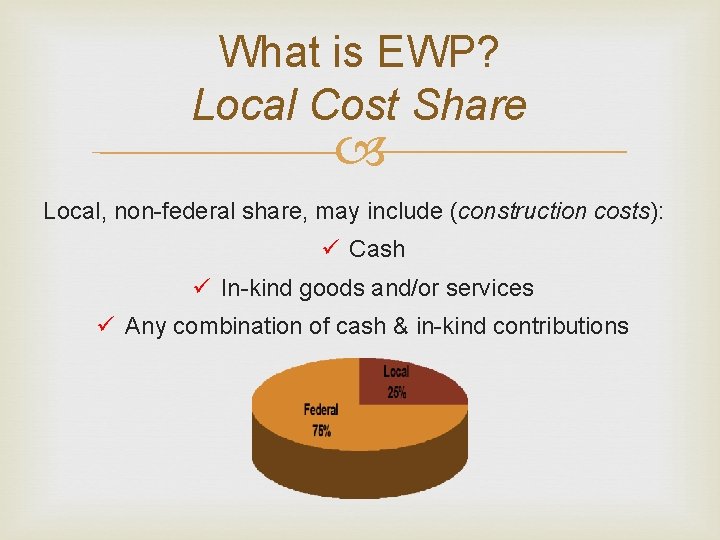 What is EWP? Local Cost Share Local, non-federal share, may include (construction costs): ü
