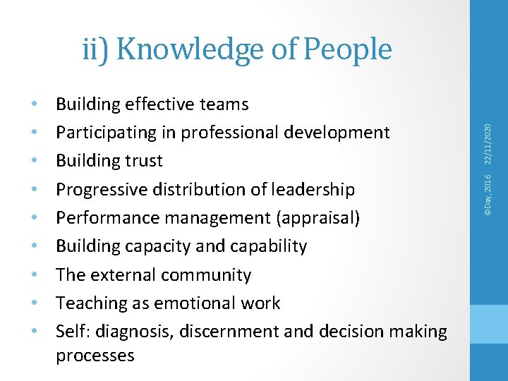 Building effective teams Participating in professional development Building trust Progressive distribution of leadership Performance