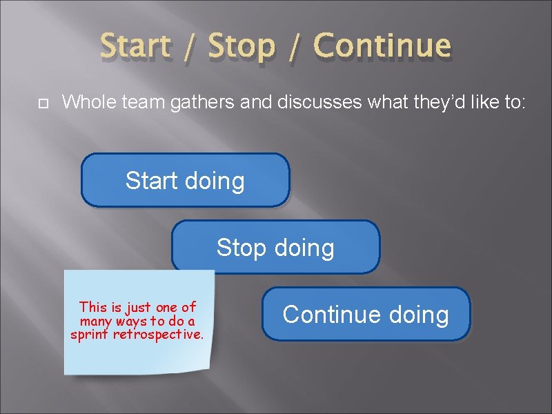 Start / Stop / Continue Whole team gathers and discusses what they’d like to: