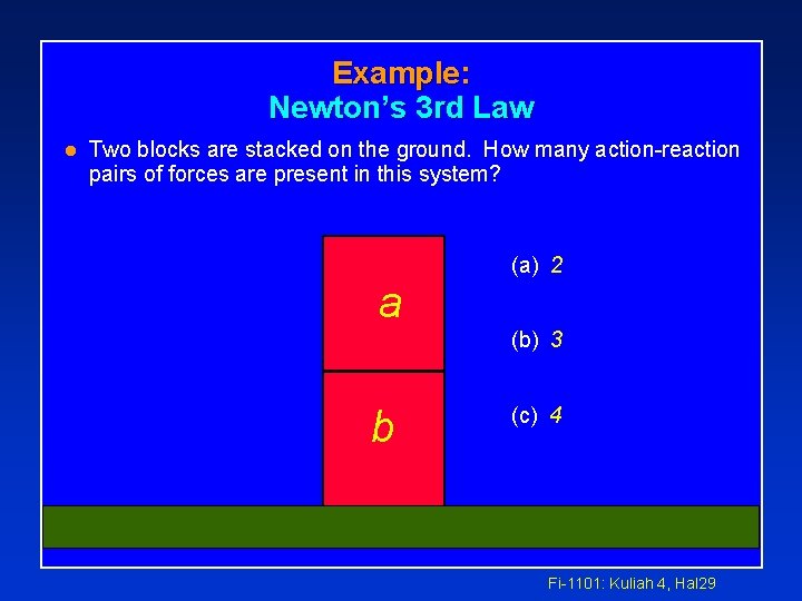 Example: Newton’s 3 rd Law l Two blocks are stacked on the ground. How