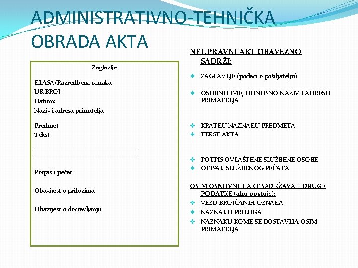 ADMINISTRATIVNO-TEHNIČKA OBRADA AKTA Zaglavlje KLASA/Razredbena oznaka: UR. BROJ: Datum: Naziv i adresa primatelja NEUPRAVNI