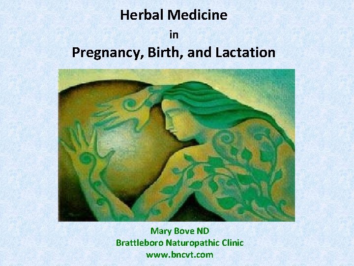 Herbal Medicine in Pregnancy, Birth, and Lactation Mary Bove ND Brattleboro Naturopathic Clinic www.