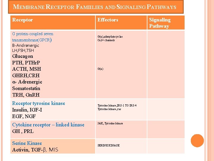 MEMBRANE RECEPTOR FAMIILIES AND SIGNALING PATHWAYS Receptor G protein-coupled seven transmembrane(GPCR) Β-Andrenergic LH, FSH,