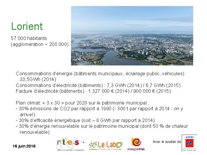 Lorient 57 000 habitants (agglomération ~ 200 000) Consommations d’énergie (bâtiments municipaux, éclairage public,