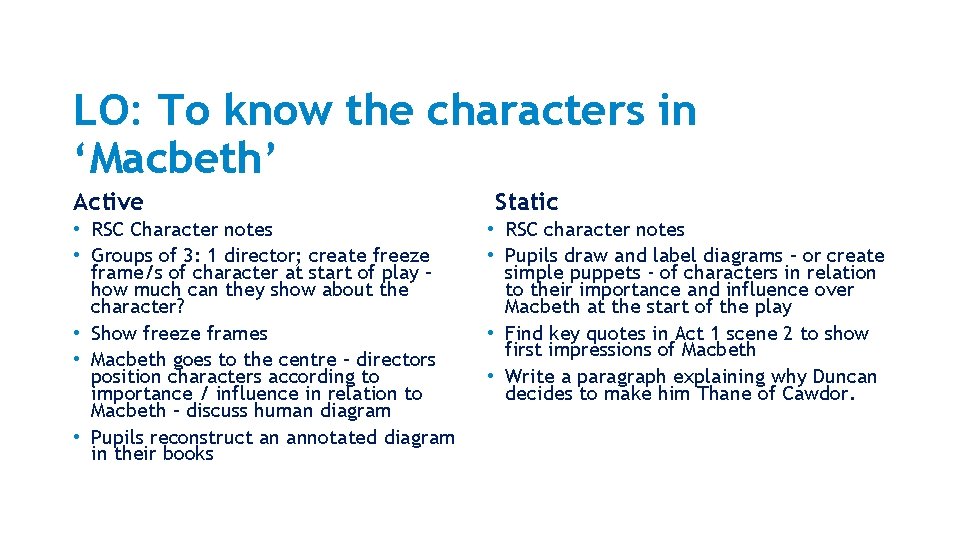 LO: To know the characters in ‘Macbeth’ Active • RSC Character notes • Groups