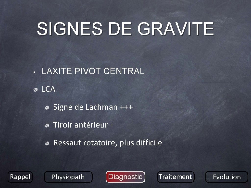 SIGNES DE GRAVITE • LAXITE PIVOT CENTRAL LCA Signe de Lachman +++ Tiroir antérieur