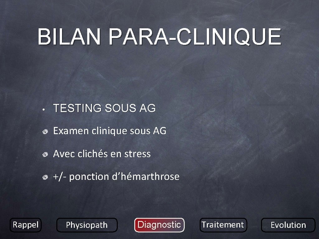 BILAN PARA-CLINIQUE • TESTING SOUS AG Examen clinique sous AG Avec clichés en stress