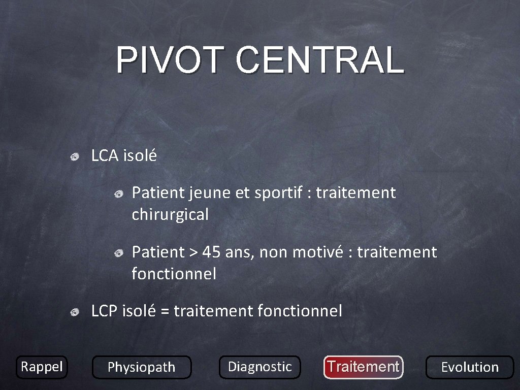 PIVOT CENTRAL LCA isolé Patient jeune et sportif : traitement chirurgical Patient > 45