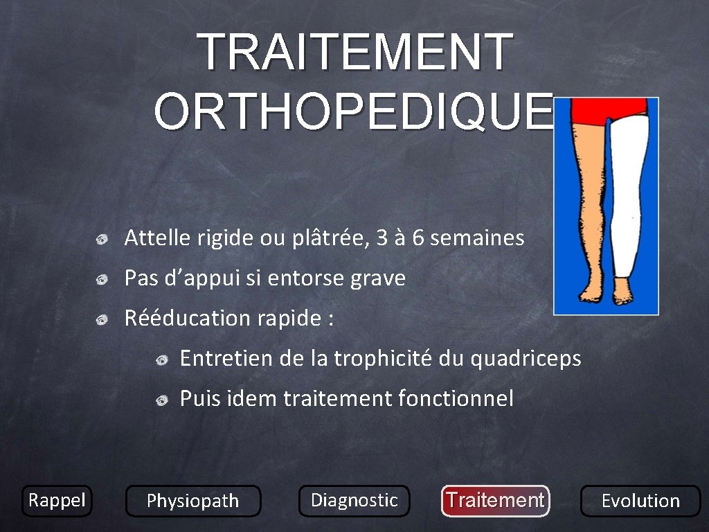 TRAITEMENT ORTHOPEDIQUE Attelle rigide ou plâtrée, 3 à 6 semaines Pas d’appui si entorse