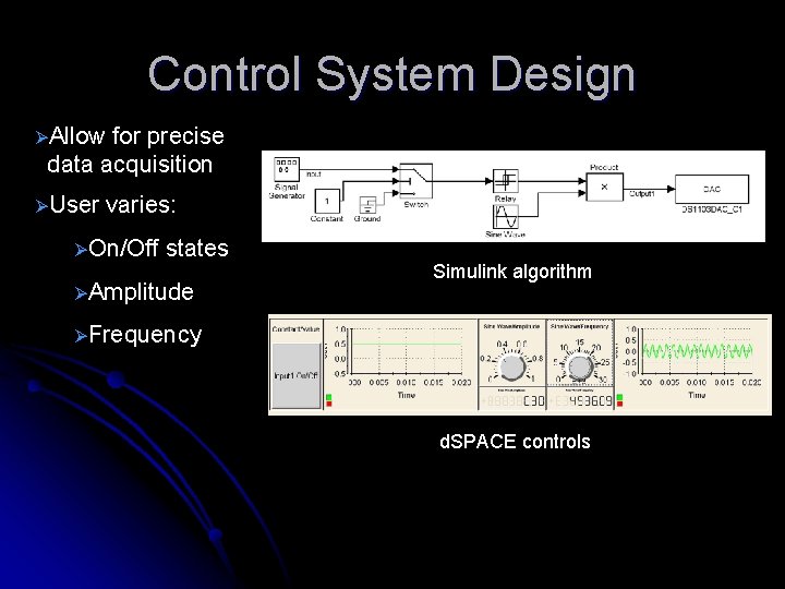 Control System Design ØAllow for precise data acquisition ØUser varies: ØOn/Off states ØAmplitude Simulink