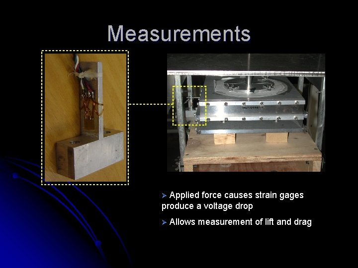 Measurements Applied force causes strain gages produce a voltage drop Ø Ø Allows measurement