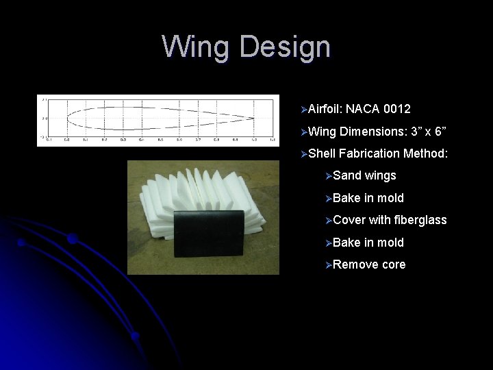 Wing Design ØAirfoil: NACA 0012 ØWing Dimensions: 3” x 6” ØShell Fabrication Method: ØSand