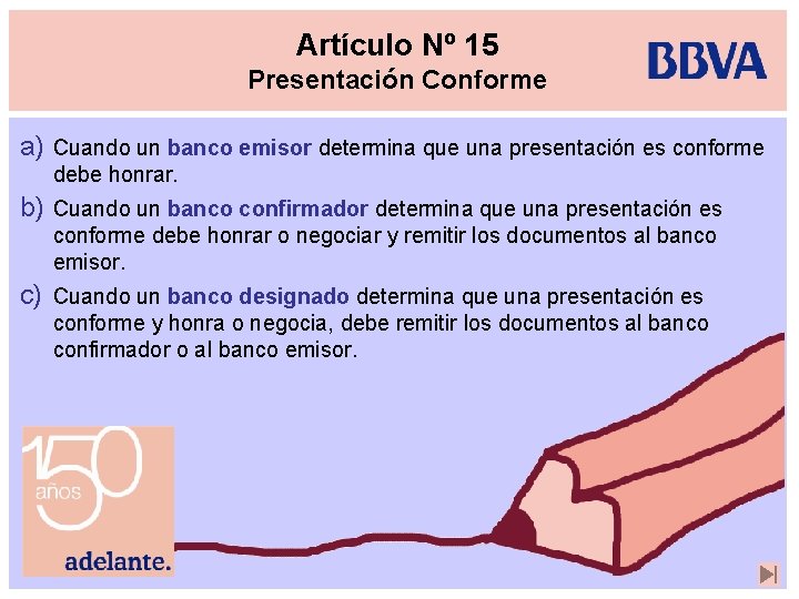 Artículo Nº 15 Presentación Conforme a) Cuando un banco emisor determina que una presentación